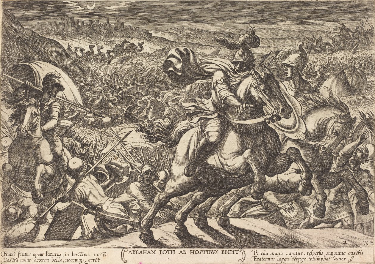 Abraham får fiendene til å flykte som holder nevøen hans av Antonio Tempesta