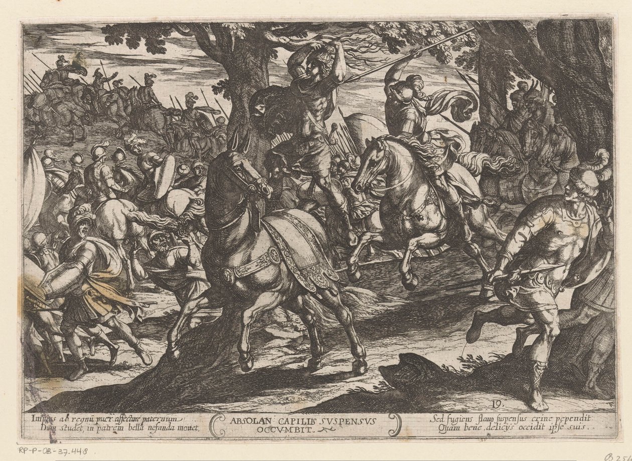 Absalom dør Joab gedood Absolan faller ned med håret hengende ned (tittel på objekt) Oudtestamentische strijdscènes (serietittel) av Antonio Tempesta