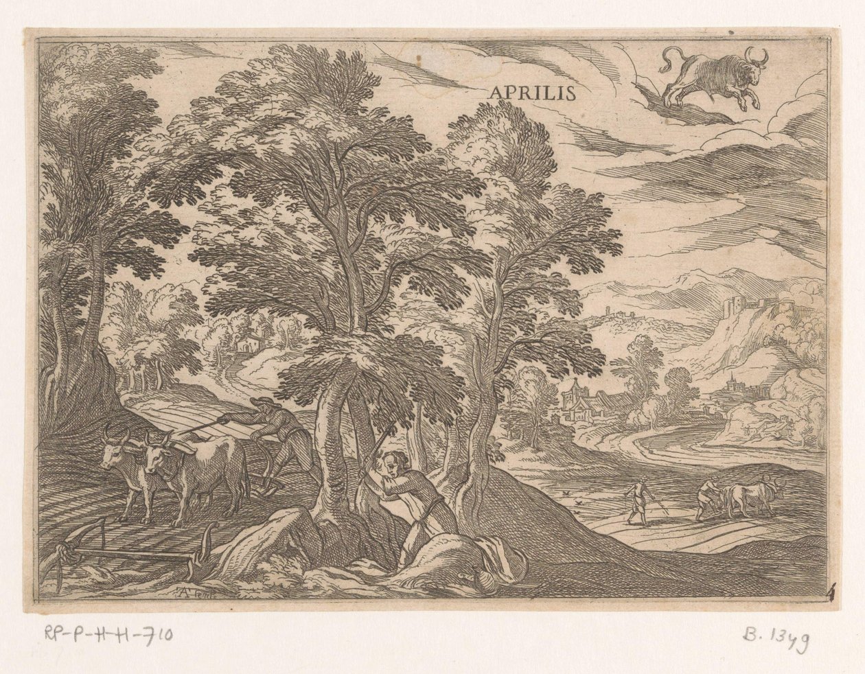 april: pløying og såing (okse) Aprilis (tittel på objekt) De tolv månedene (del 2) (serietittel) av Antonio Tempesta