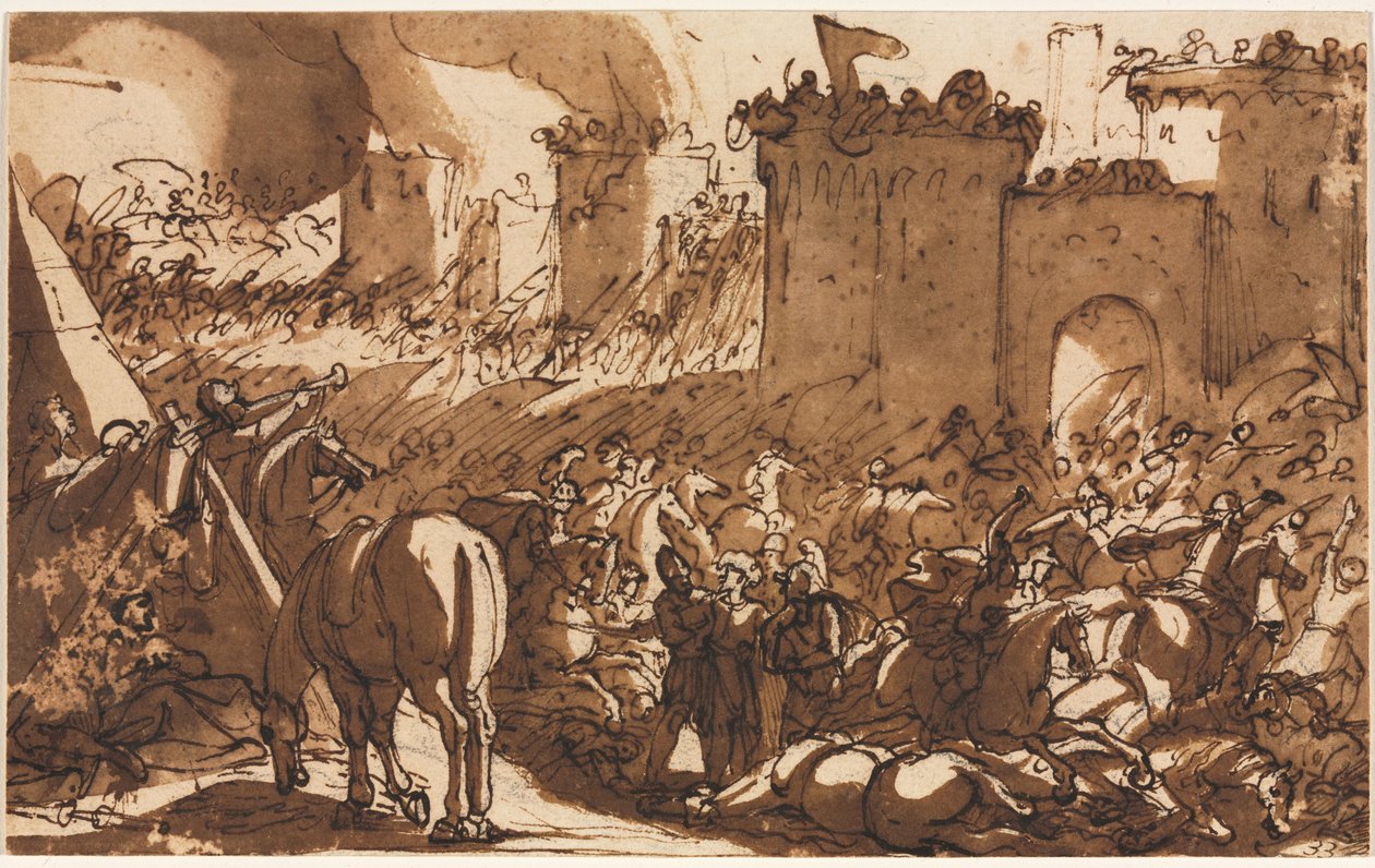 Battle Scene with a Fort, første tredje 1600-tallet. av Antonio Tempesta