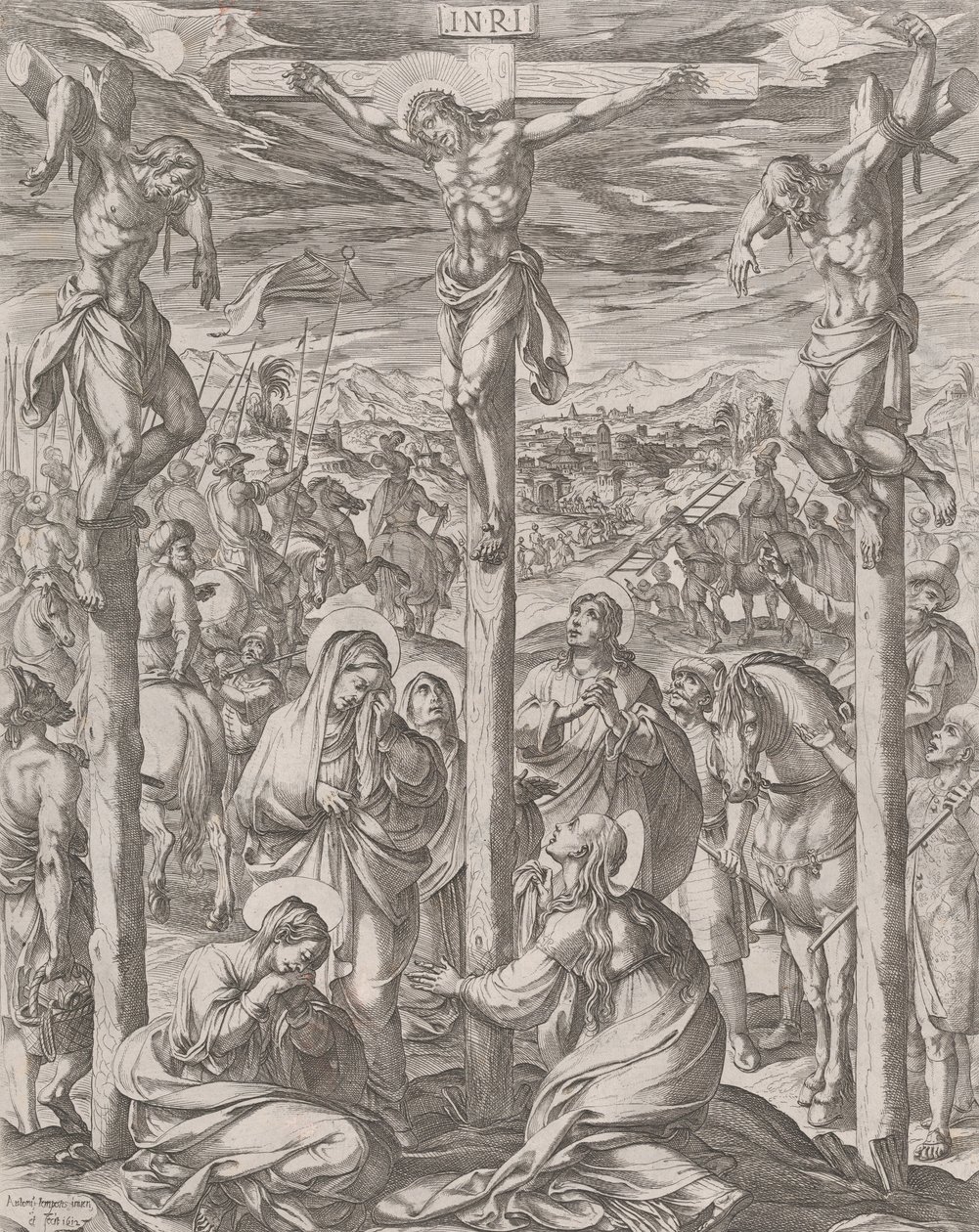 Christ crucified between the two thieves, the three Marys at the foot of the cross, 1612.    1188515   no       norwegian Successfully Translated  Original: Two angels carrying a man Translat: Two angels carrying a man 1271179 no norwegian Successfully Tra av Antonio Tempesta