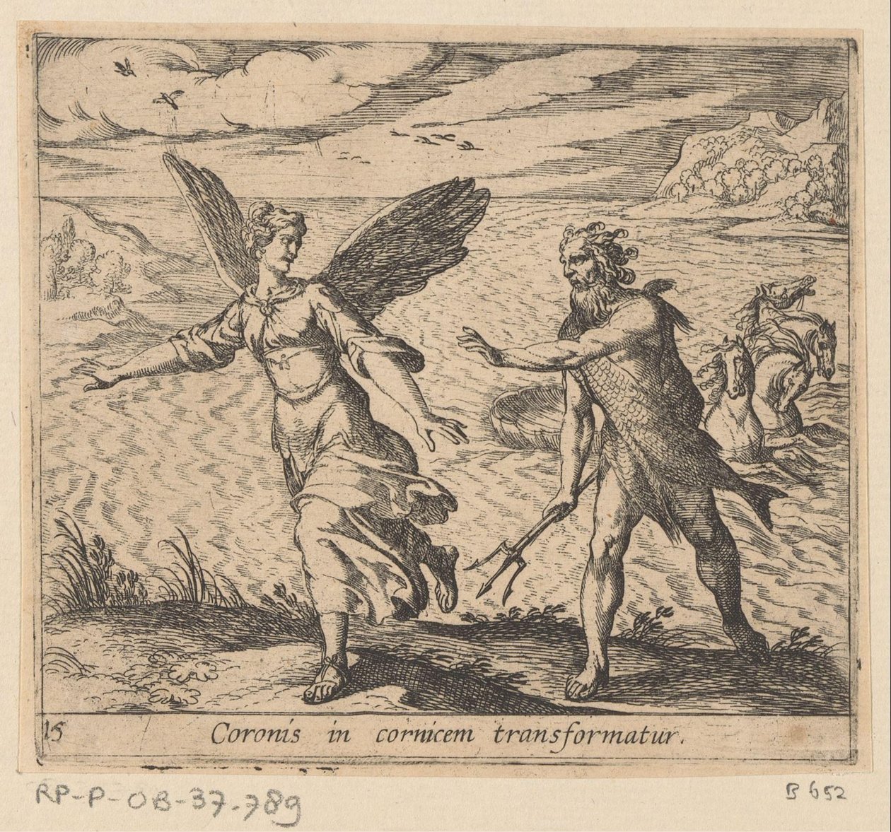 Kronen endret seg til en kraai En krone forvandles til en gesims (tittel på objekt) Metamorfoseon eller transformasjoner (serietittel) Metamorfosen van Ovidius (serietittel) av Antonio Tempesta