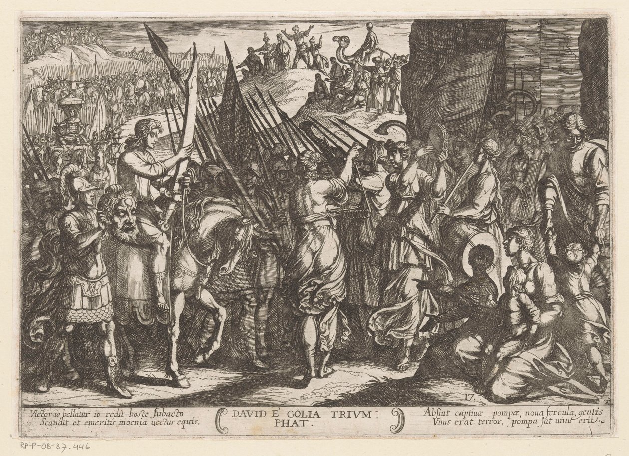 David kommer triumferende tilbake med hodet til Goliat David e Golia triumfat (tittel på objekt) Det gamle testamente kampscener (serietittel) av Antonio Tempesta