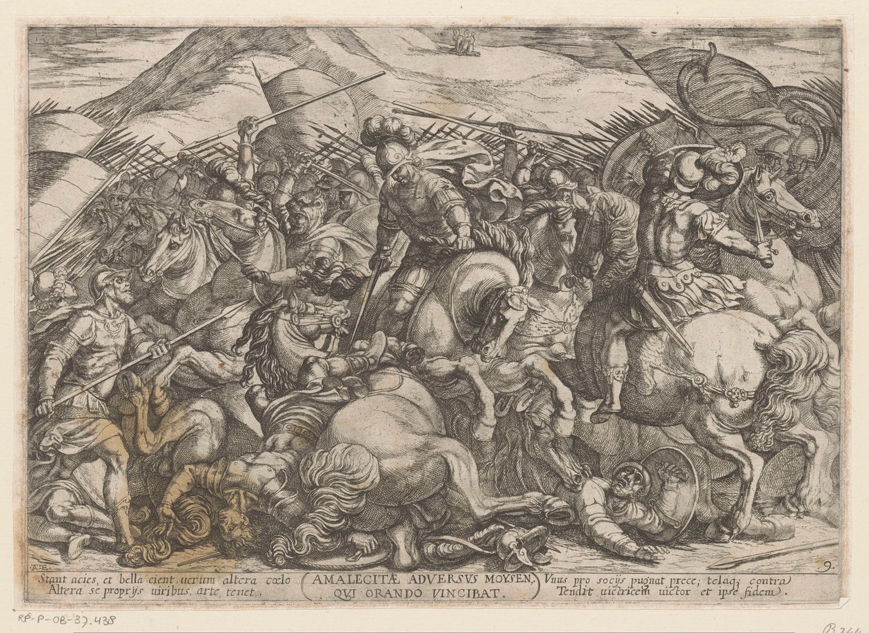 Israelittene kjemper mot amalekittene Amalecitae adversus Moysen qui orando vincibat (tittel på objekt) Det gamle testamente kampscener (serietittel) av Antonio Tempesta
