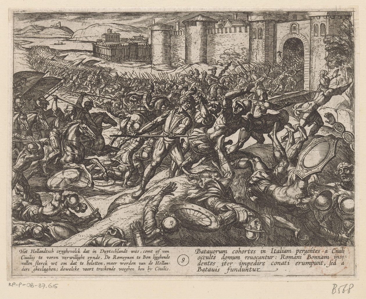 Romerne blir beseiret av de nederlandske troppene ved Bonn De bataviske krigene mot romerne (serietittel) Batavorum cum Romanis Bellum (serietittel) av Antonio Tempesta