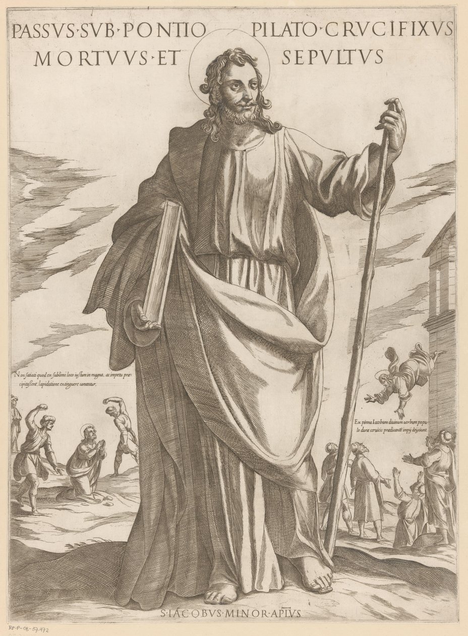 De heilige Jakobus de Mindere Lidelse under Pontius Pilatus, korsfestet, død og begravet (tittel på objekt) Kristus, Maria og apostelen (serietittel) av Antonio Tempesta