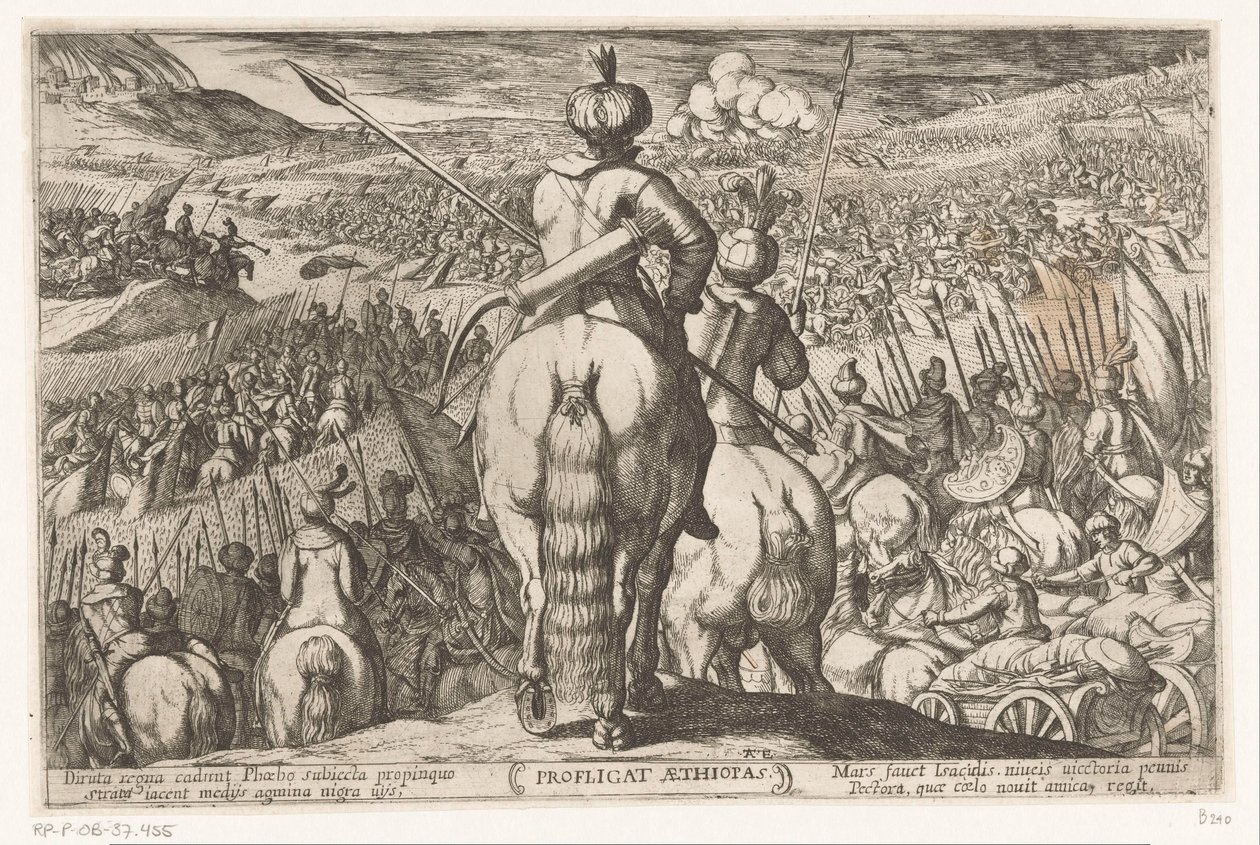 Etiopiernes nederlag Profligat Aethiopas (tittel på objekt) Det gamle testamente kampscener (serietittel) av Antonio Tempesta