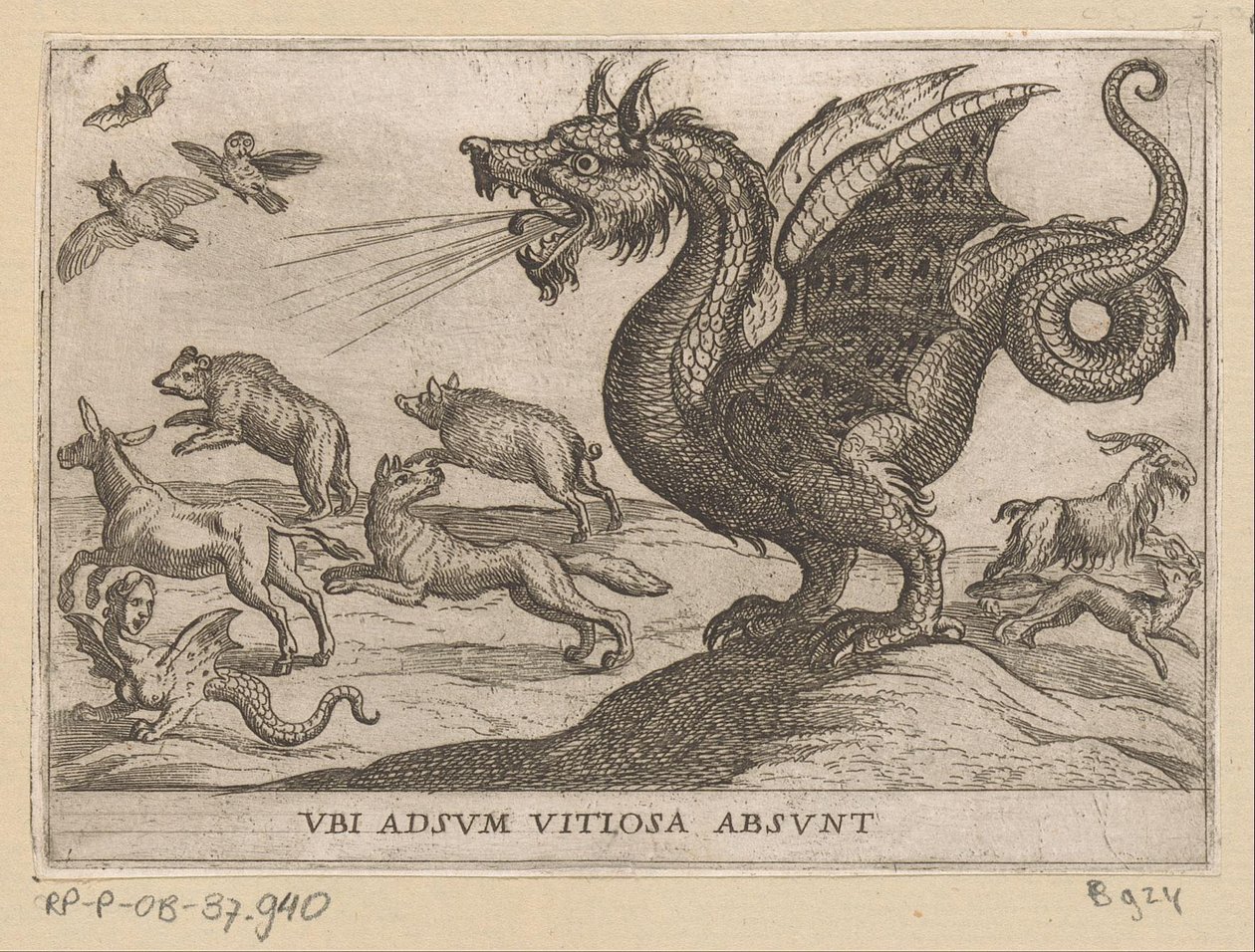 En drage jager bort andre dyr Ubi adsum vitiosa absunt (tittel på objekt) Kampdyr (serietittel) av Antonio Tempesta