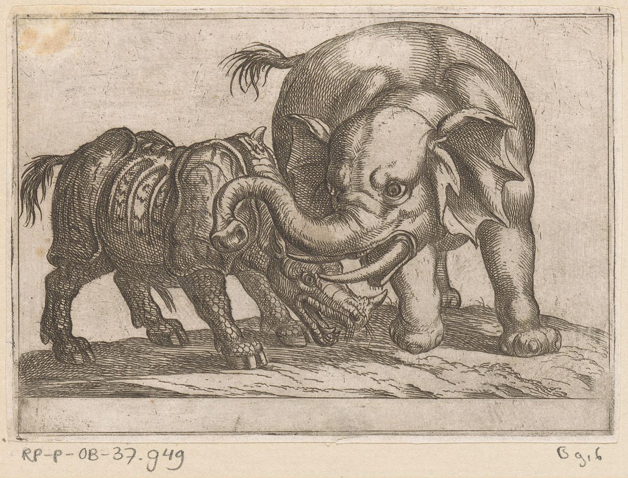 Et neshorn kjemper mot en elefant Kampdyr (serietittel) av Antonio Tempesta