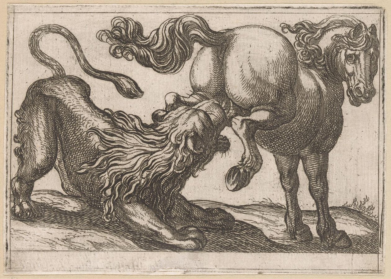 En hest som sparker en løve Kjempedyr (serietittel) av Antonio Tempesta