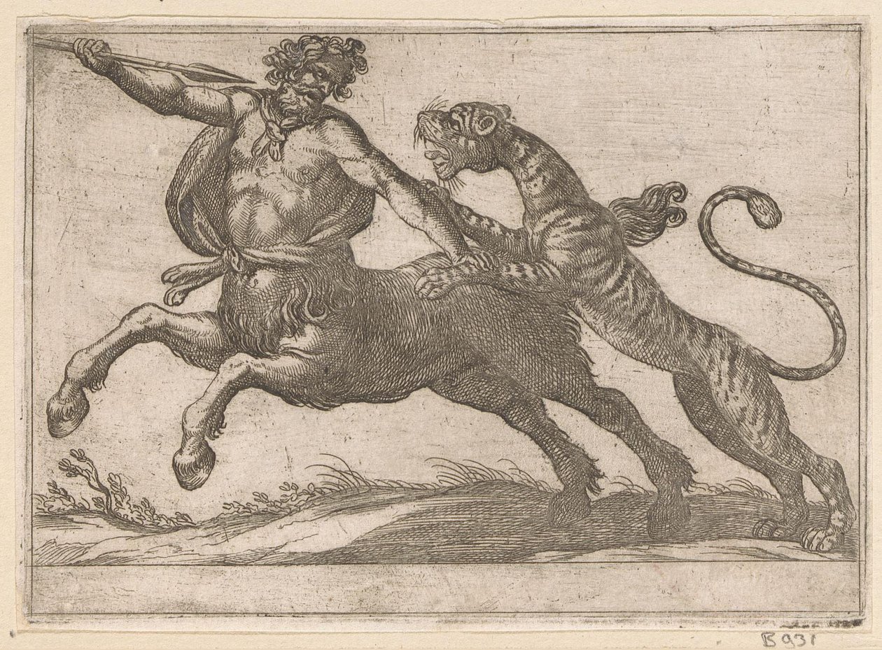 En tiger som kjemper mot en kentaur Kampdyr (serietittel) av Antonio Tempesta