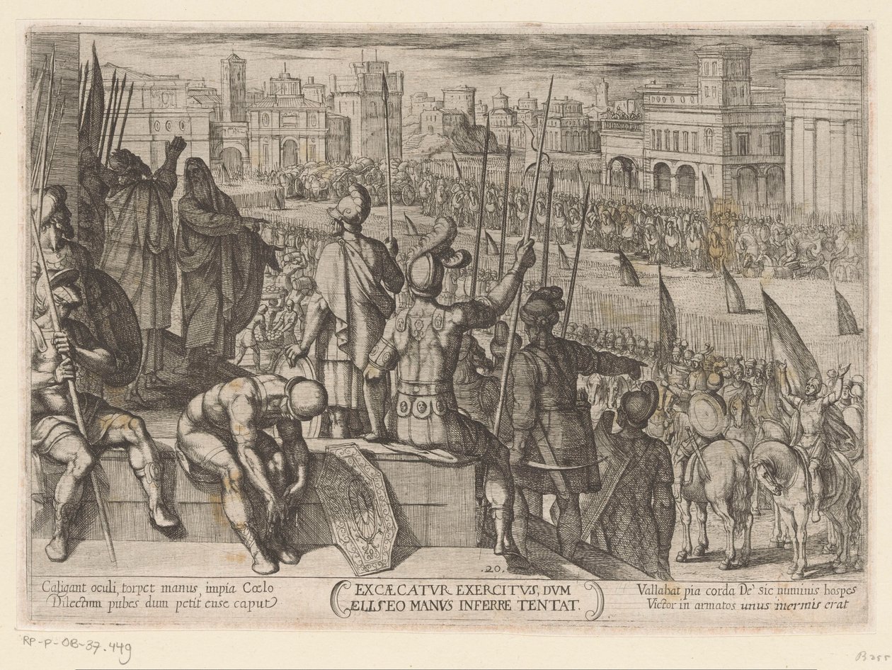 Elisja bringer den blindede syriske hæren til Israels konge Excae catur exercitus, dum eliseo manus inferre tentat (tittel på objekt) Det gamle testamente kampscener (serietittel) av Antonio Tempesta