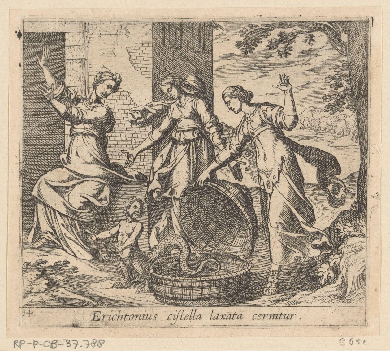 Erichthonius uit zijn mand gelaten Erichthonius blir sett med en løs kurv (tittel på objekt) Metamorfoseon eller transformasjoner (serietittel) Metamorfosen van Ovidius (serietittel) av Antonio Tempesta