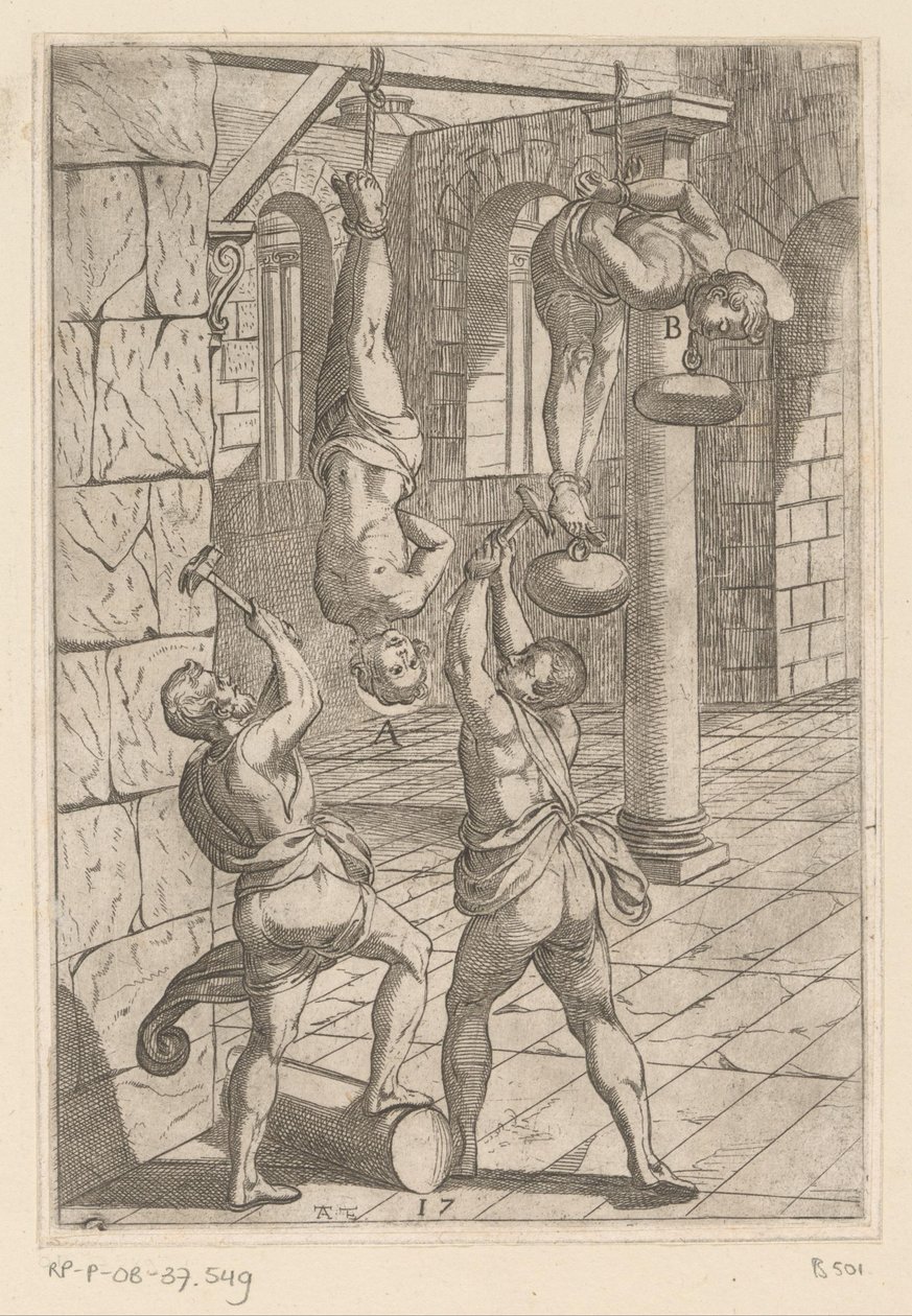 Tortur med hammere mens de henger Tortur påført av kristne martyrer (serietittel) Varia tormentorum et supplicioru crudelium (...) (serietittel) av Antonio Tempesta
