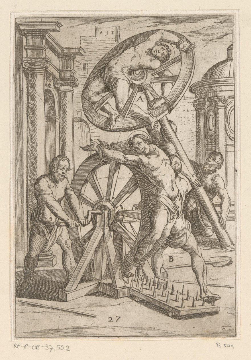 Tortur med skarpe spisser og hjul Tortur påført av kristne martyrer (serietittel) Varia tormentorum et supplicioru crudelium (...) (serietittel) av Antonio Tempesta