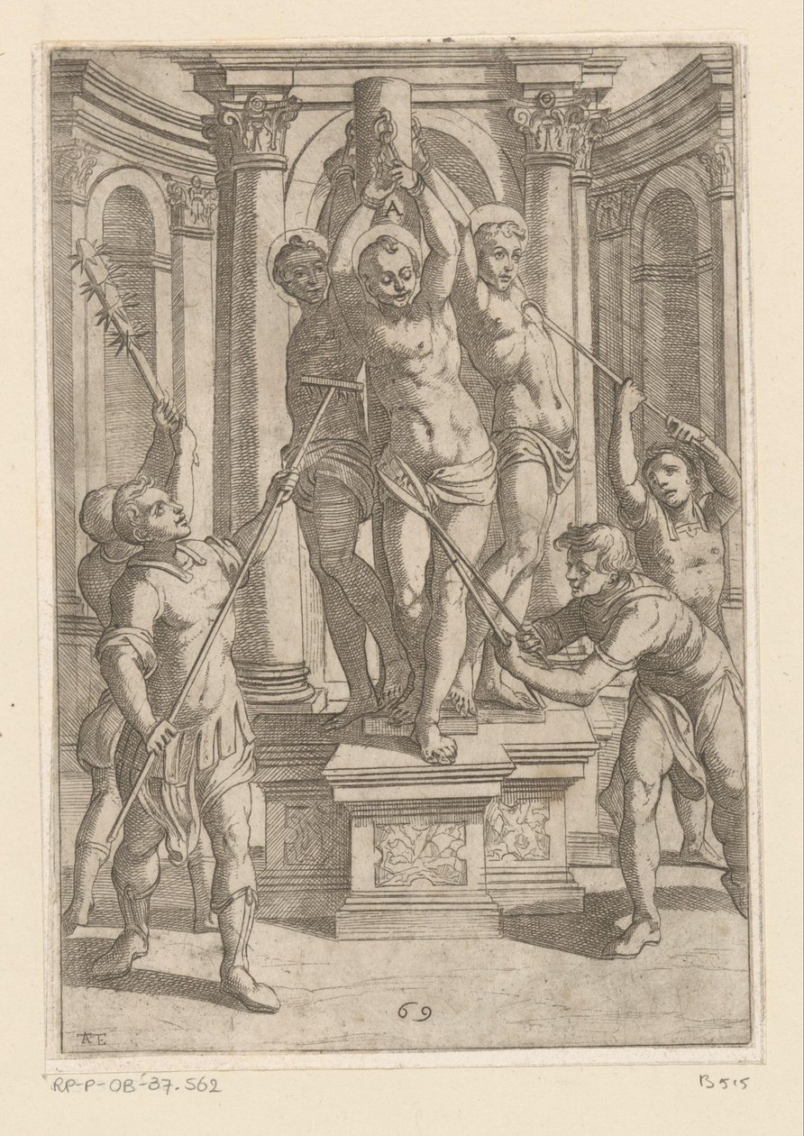 Tortur med kjepper med skarp spiss Tortur påført av kristne martyrer (serietittel) Varia tormentorum et supplicioru crudelium (...) (serietittel) av Antonio Tempesta