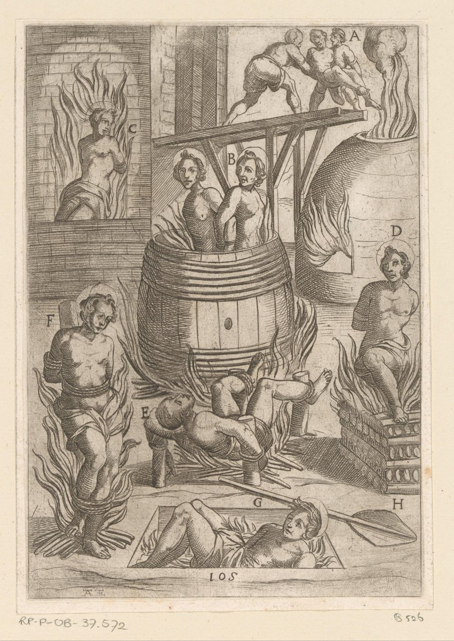 Tortur med forskjellige måter å brenne på Tortur påført av kristne martyrer (serietittel) Varia tormentorum et supplicioru crudelium (...) (serietittel) av Antonio Tempesta