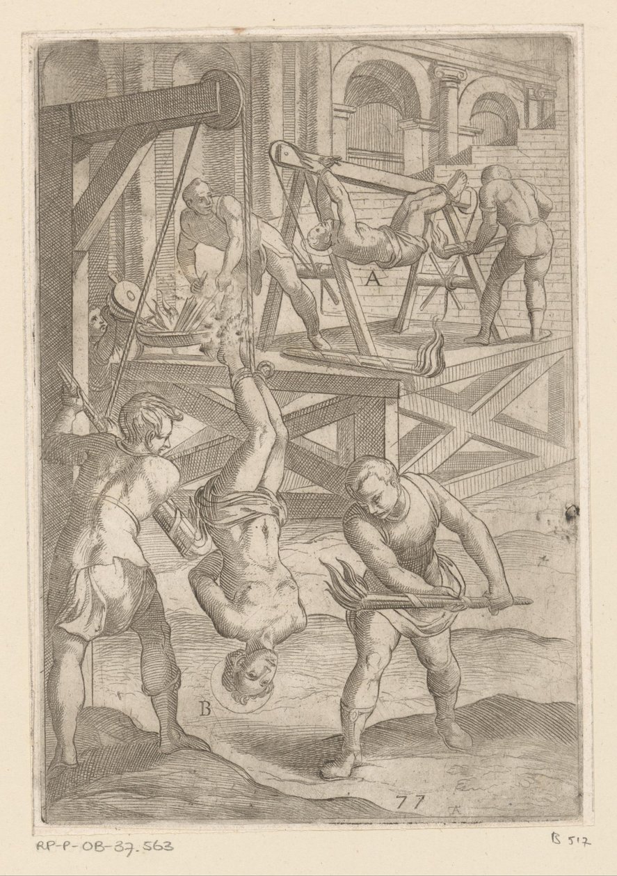 Tortur: Henging og brenning Tortur påført av kristne martyrer (serietittel) Varia tormentorum et supplicioru crudelium (...) (serietittel) av Antonio Tempesta