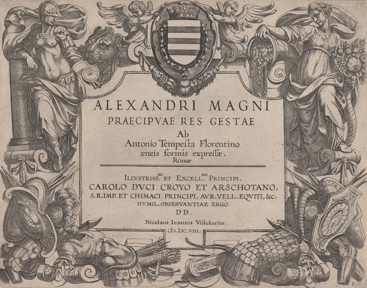 Frontispice til livet til Alexander den store, til venstre er Bellona og til høyre en kvinne ..., 1608. av Antonio Tempesta