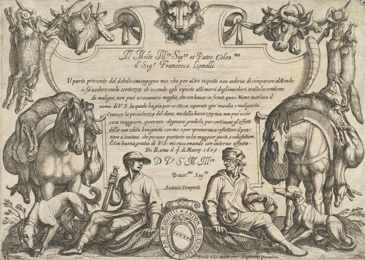 Frontispice med jegere, hunder og hester, fra 