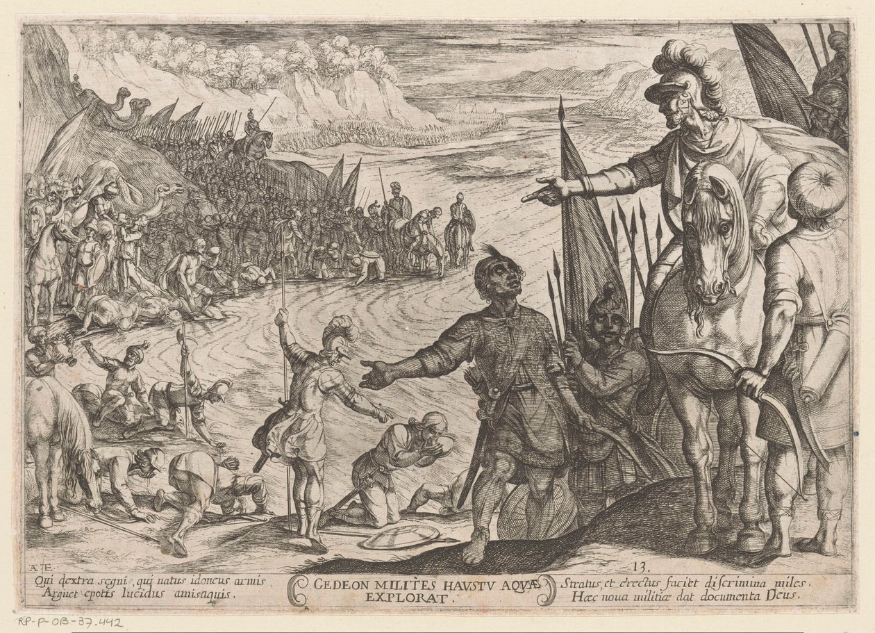 Gideon velger sine soldater Gedeon milites haustu aquae explorat (tittel på objekt) Det gamle testamente kampscener (serietittel) av Antonio Tempesta