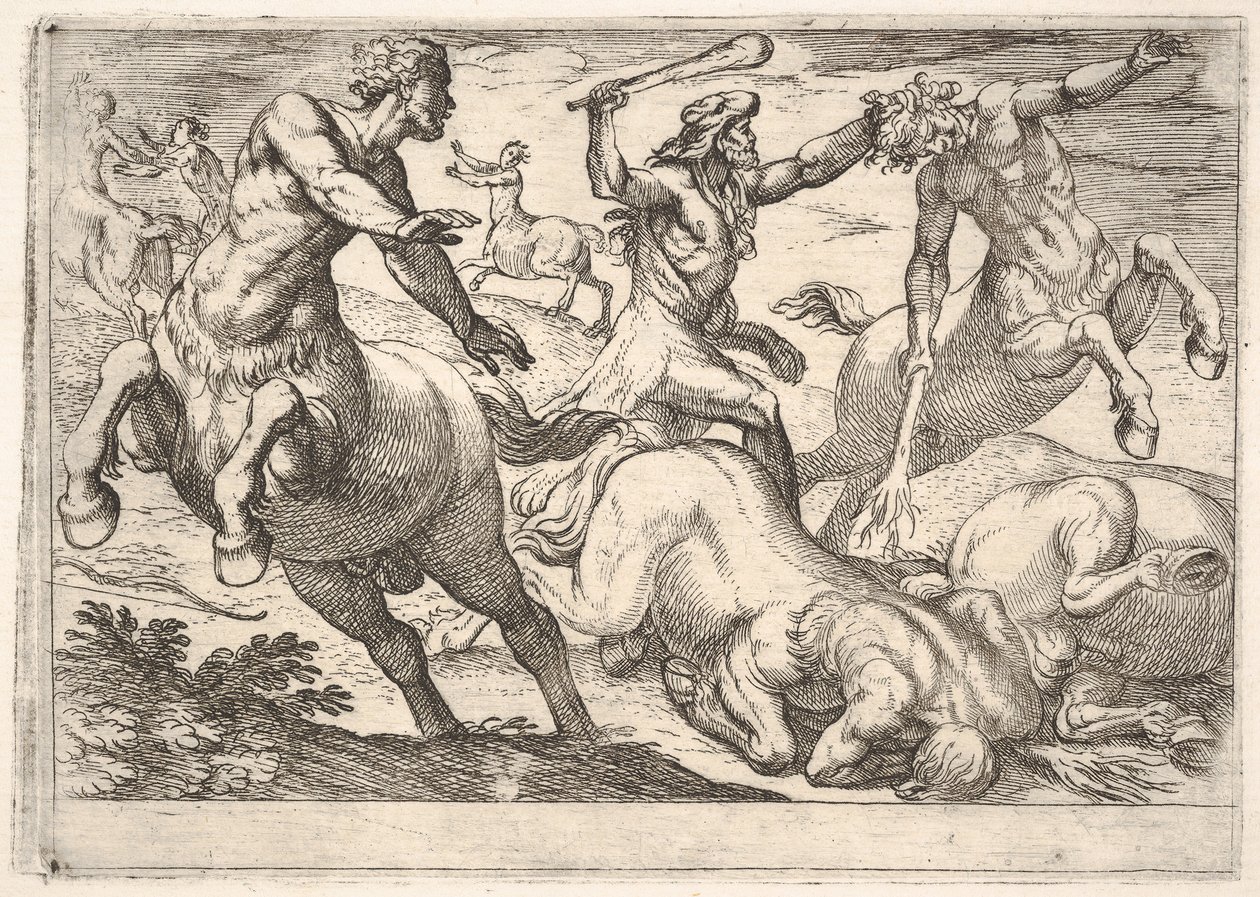 Hercules and the Centaurs: Hercules holder hodet til en kentaur med venstre hånd og hånd..., 1608. av Antonio Tempesta