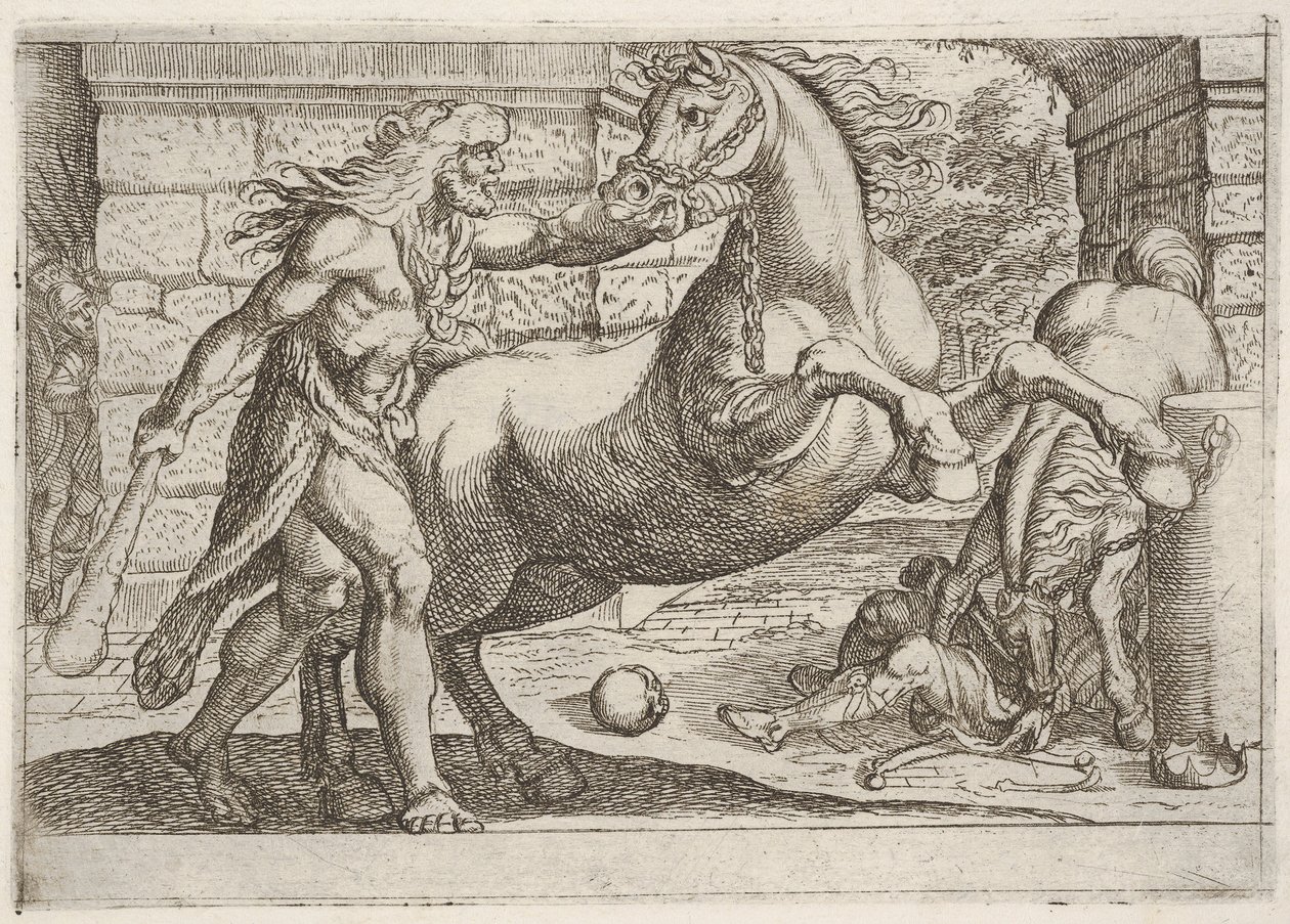 Hercules and the Mares of Diomedes: Hercules griper tøylen til en oppveksthest, en sekund..., 1608. av Antonio Tempesta