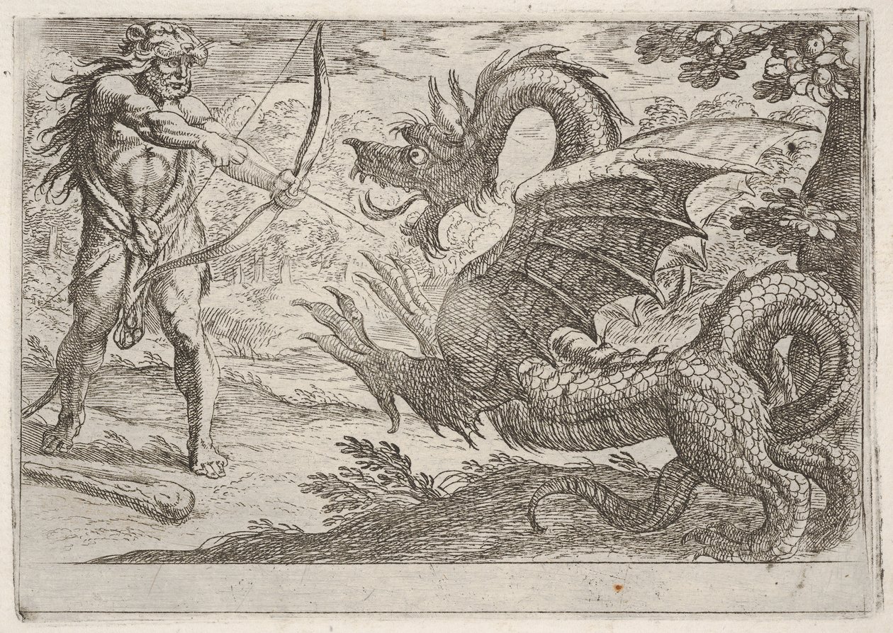Hercules and the Serpent Ladon: Hercules trekker buen, den oppdrettende slangen dukker opp i pro..., 1608. av Antonio Tempesta