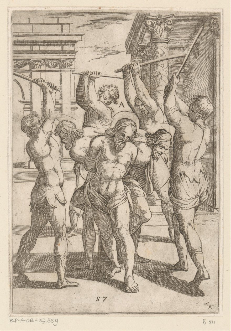 Het slaan van drie heiligen met rug aan elkaar vastgebonden Martelingen ondergaan door christelijke martelaars (series title) Varia tormentorum et supplicioru crudelium (...) (series title)   1360747   no       norwegian Successfully Translated  Original:  av Antonio Tempesta