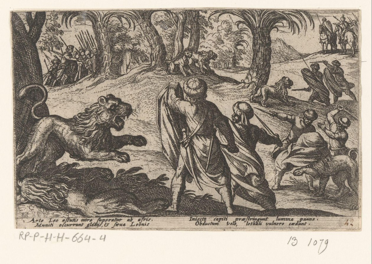 Jacht op leeuwen Diverse jacht- en kampscener (serietittel) Jakt på beist, fugler og fisk. Slag med beist: og felles beist (serietittel) av Antonio Tempesta