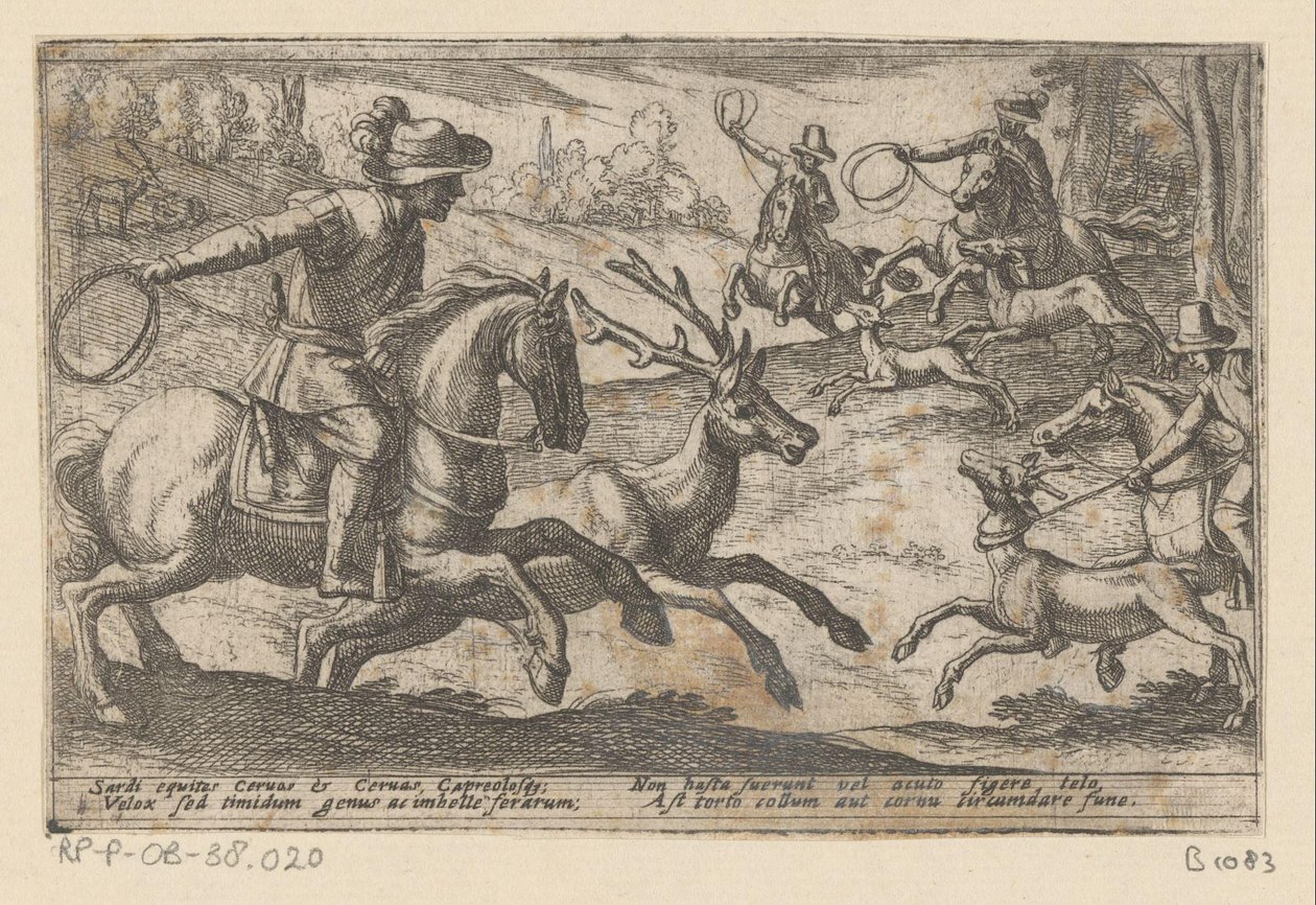 Jagers vangen herten met touwen Diverse jacht- en kampscener (serietittel) Jakt på beist, fugler og fisk. Slag med beist: og felles beist (serietittel) av Antonio Tempesta