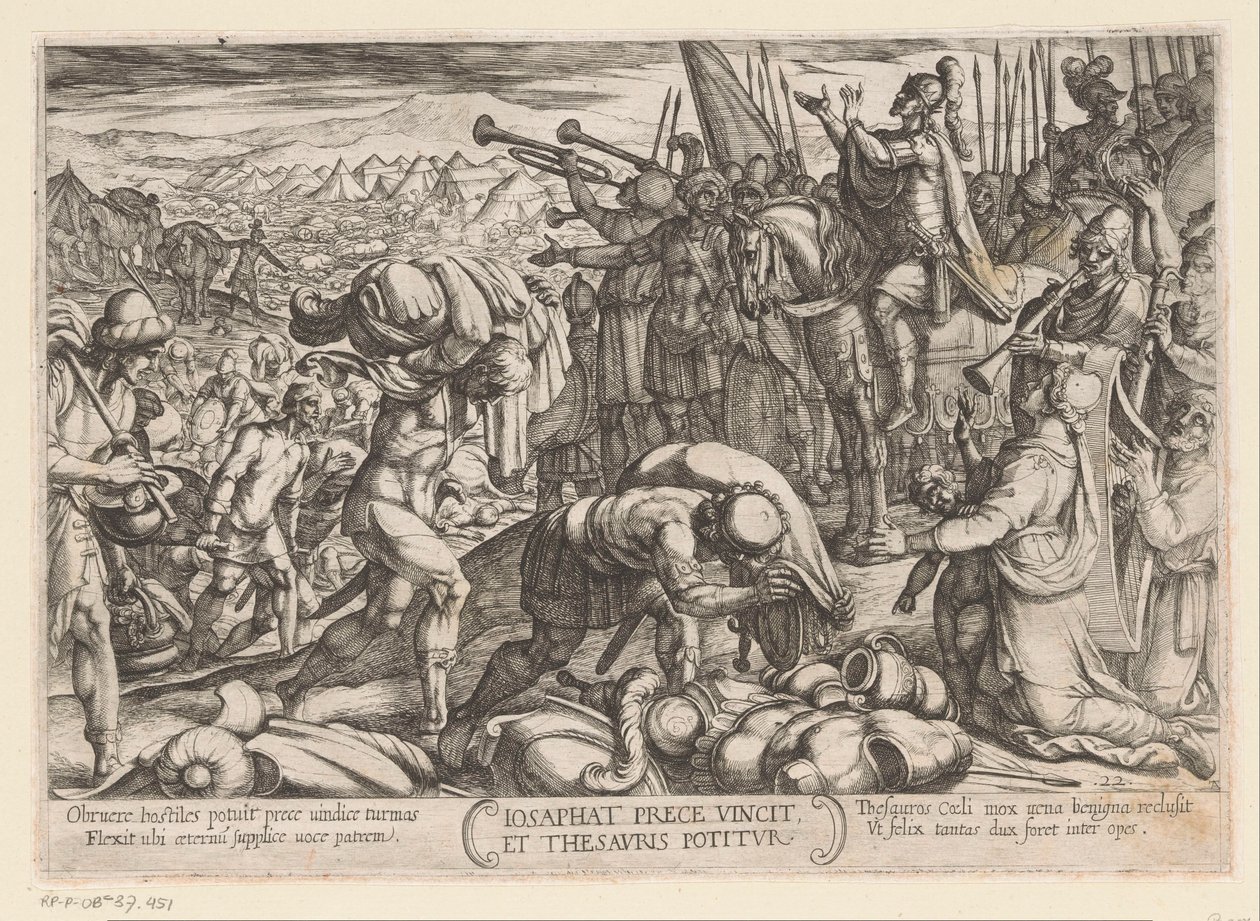 Josaphat takker Gud for hans seier Iosaphat prece vincit et thesauris potitur (tittel på objekt) kampscener fra Det gamle testamente (serietittel) av Antonio Tempesta