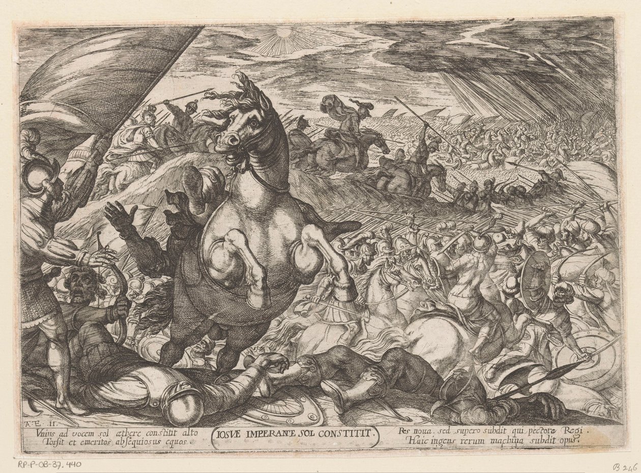Joshua beordrer solen til å stå stille Iosue imperante sol constitit (tittel på objekt) kampscener fra det gamle testamente (serietittel) av Antonio Tempesta
