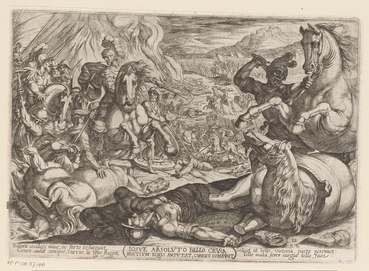 Josva lammer hestene og brenner nasjonenes vogner Iosue absoluto bello crura hostium equis amputat, currus comburit (tittel på objekt) Det gamle testamente kampscener (serietittel) av Antonio Tempesta