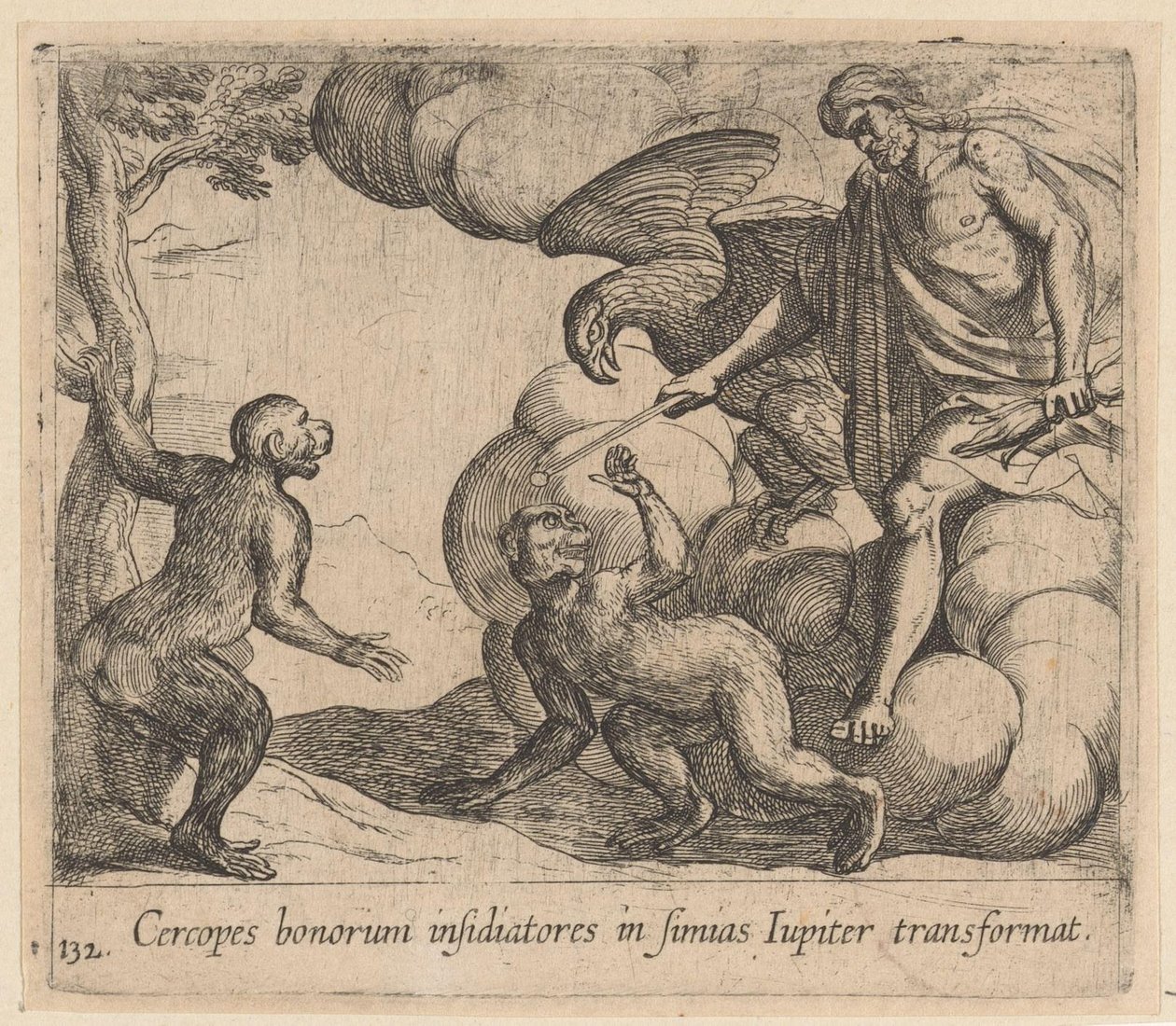 Jupiter gjør Cercopes til en ape Jupiter forvandler beleiringen av det gode til aper (tittel på objekt) Metamorfoseon eller transformasjoner (serietittel) Metamorfosen van Ovidius (serietittel) av Antonio Tempesta