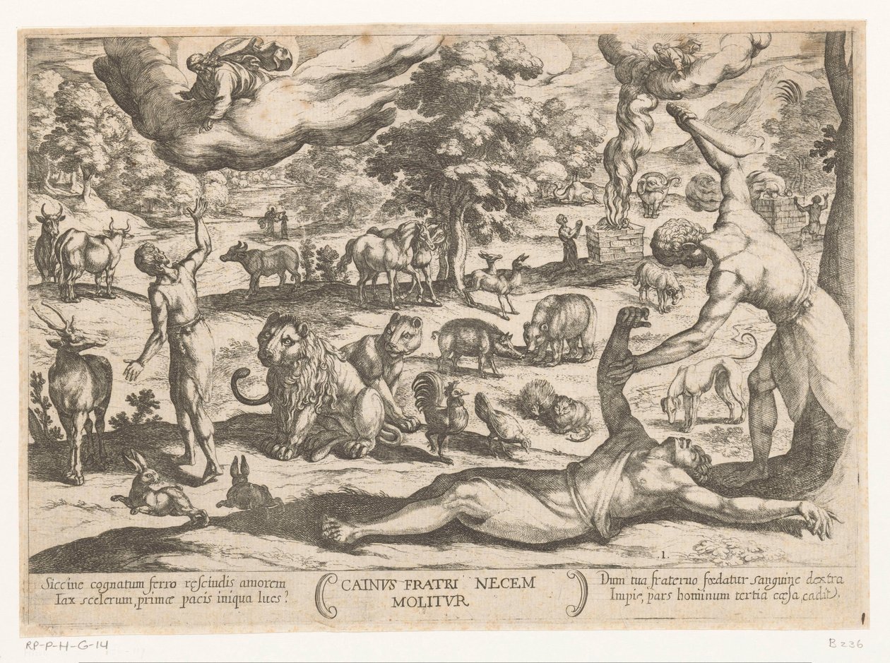 Kain dreper Abel Cainus fratri necem molitur (tittel på objekt) Det gamle testamente kampscener (serietittel) av Antonio Tempesta