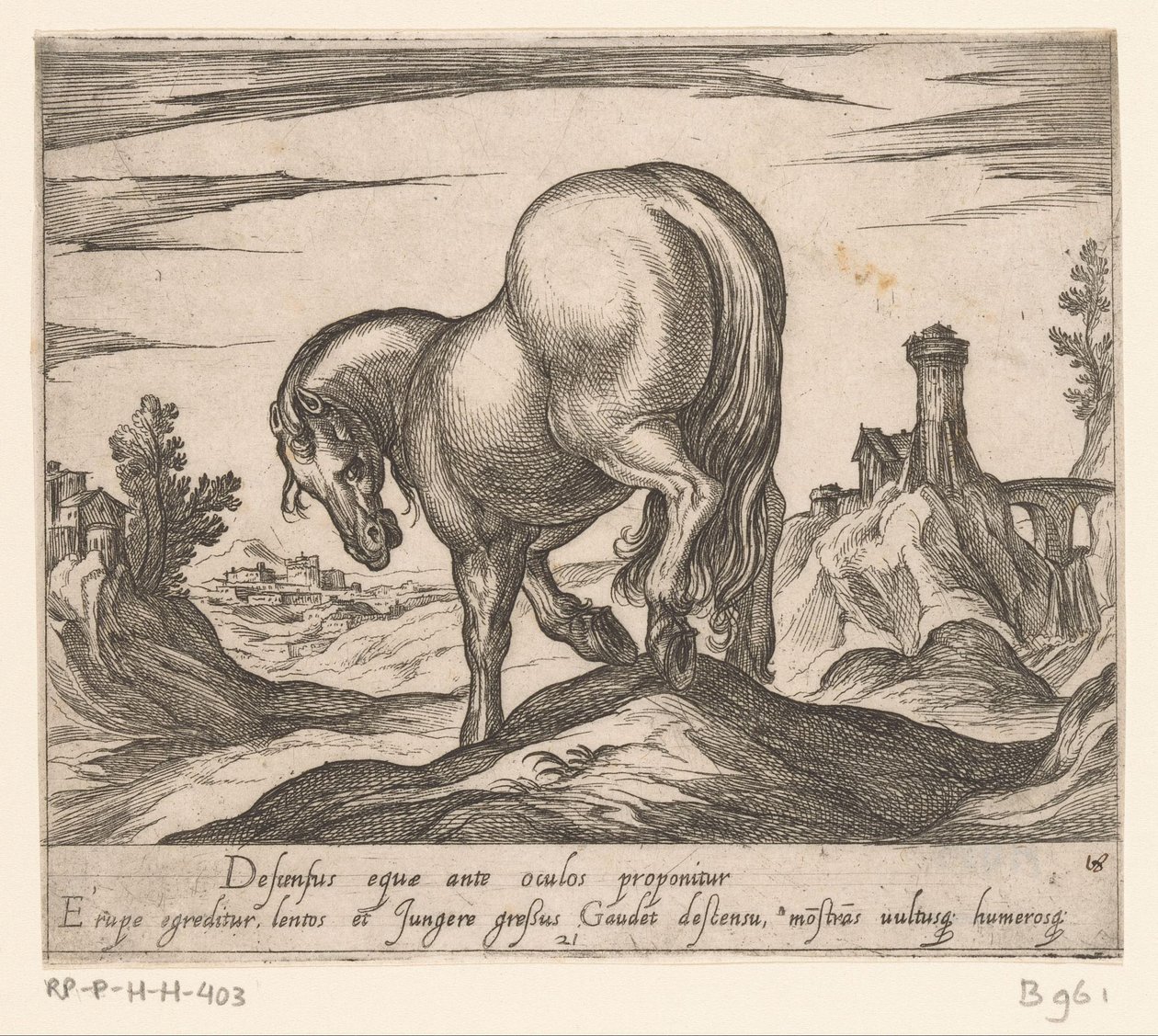 Hest som går ned en bakke sett bakfra Hester fra forskjellige land (serietittel) Hans ducibus princeps celebraberis ore viroru illa homines slo haec sideribusq locat (serietittel) av Antonio Tempesta