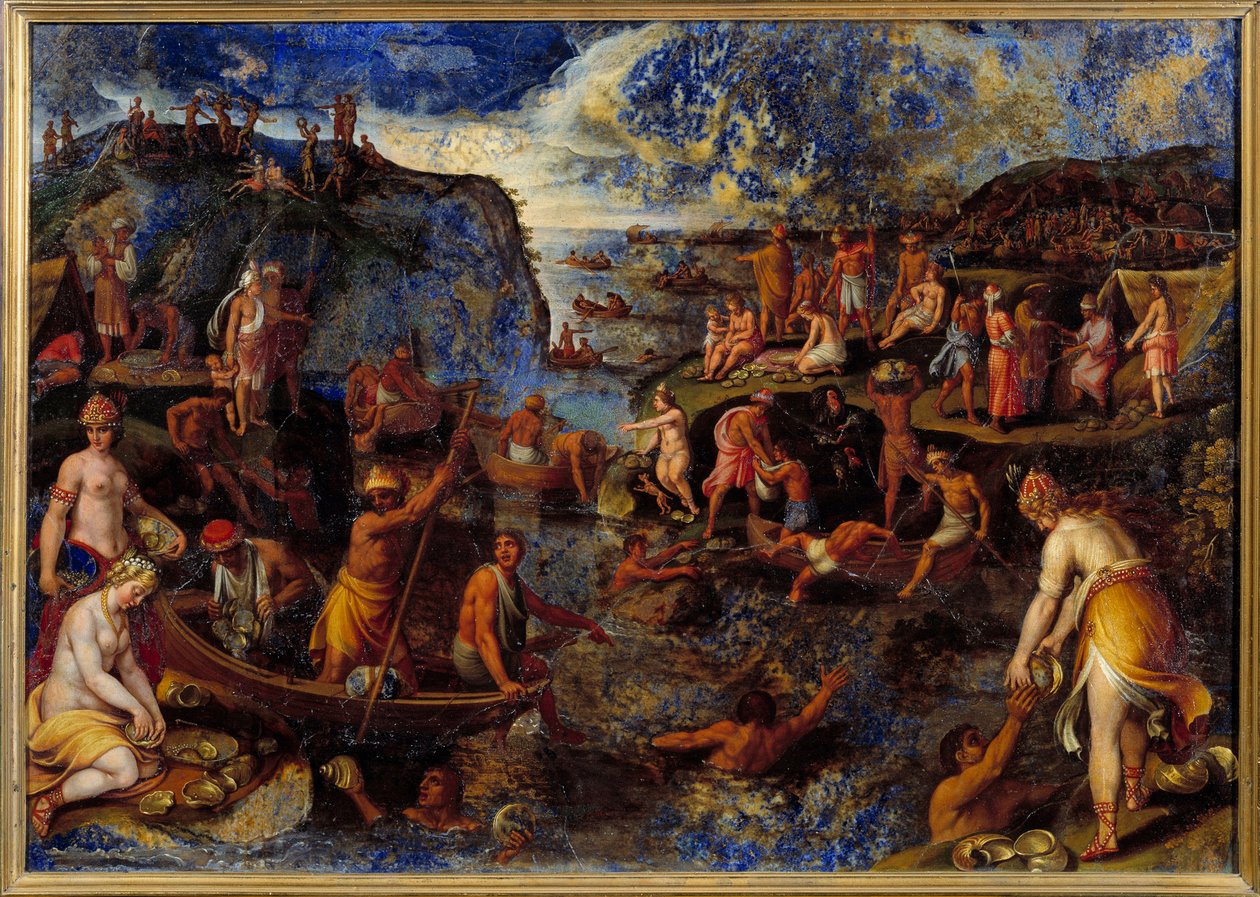 Perlefiske av amerikanere Maleri med lapis lazuli av Antonio Tempesta