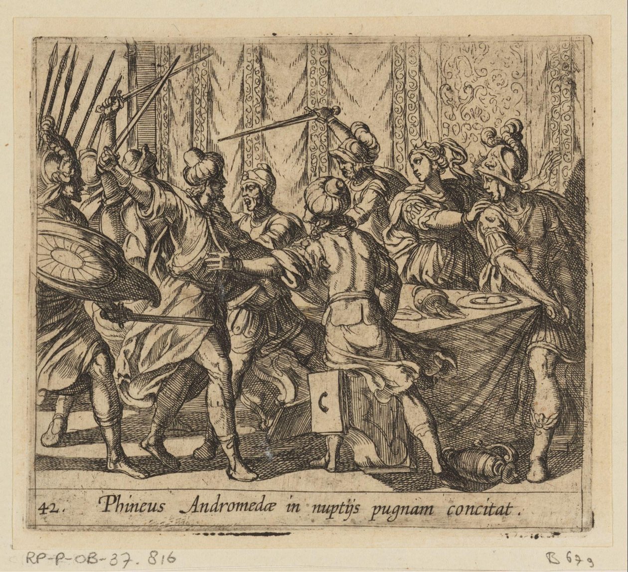 Phineus verstoort de bruiloft van Perseus en Andromeda Phineus Andromedae in nuptijs pugnam concitat (title on object) Metamorphoseon sive transformationum (series title) Metamorfosen van Ovidius (series title)   1360181   no       norwegian Successfully T av Antonio Tempesta