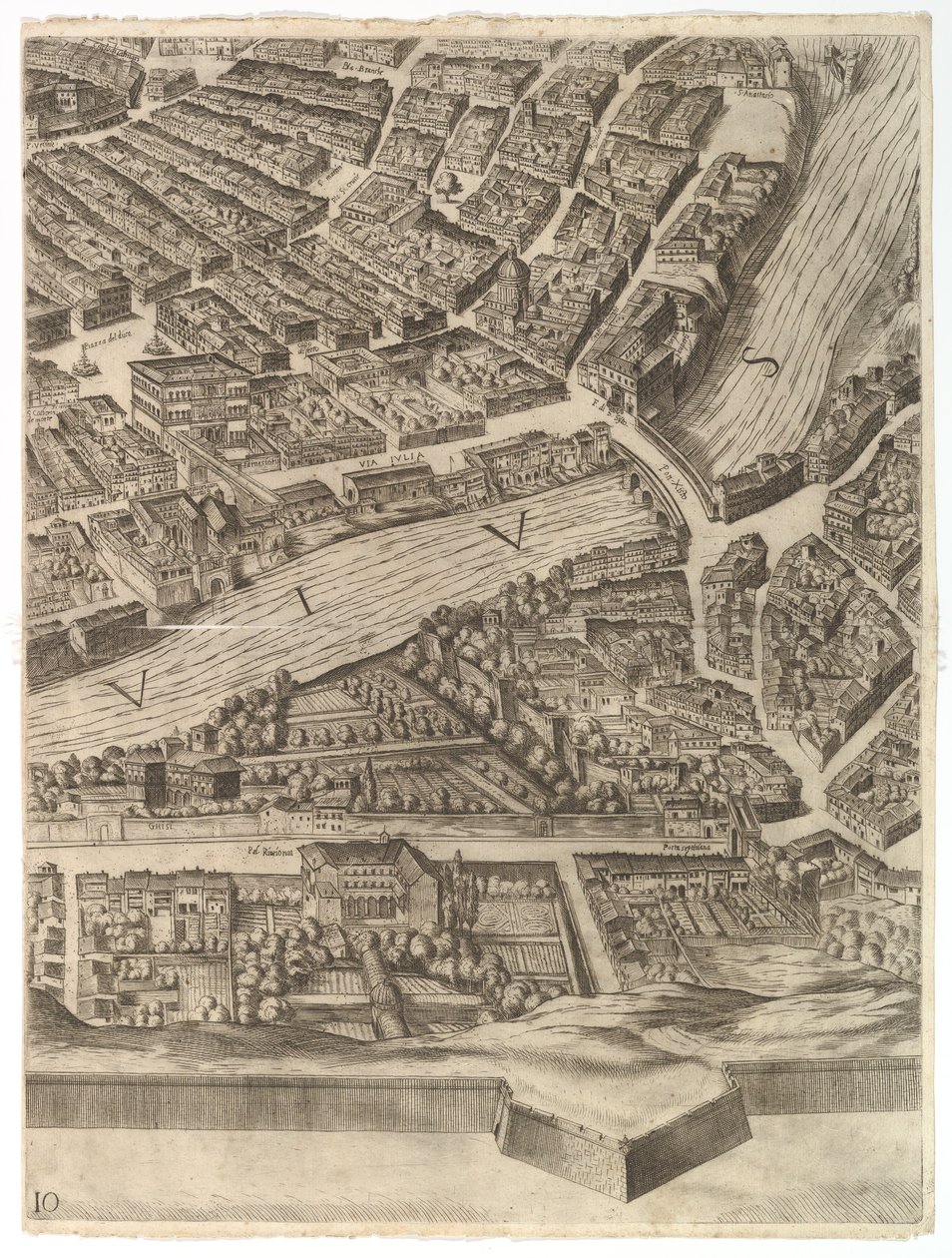 Plan for byen Roma. Del 10 med Tiberen og Villa Farnesina, 1645. av Antonio Tempesta