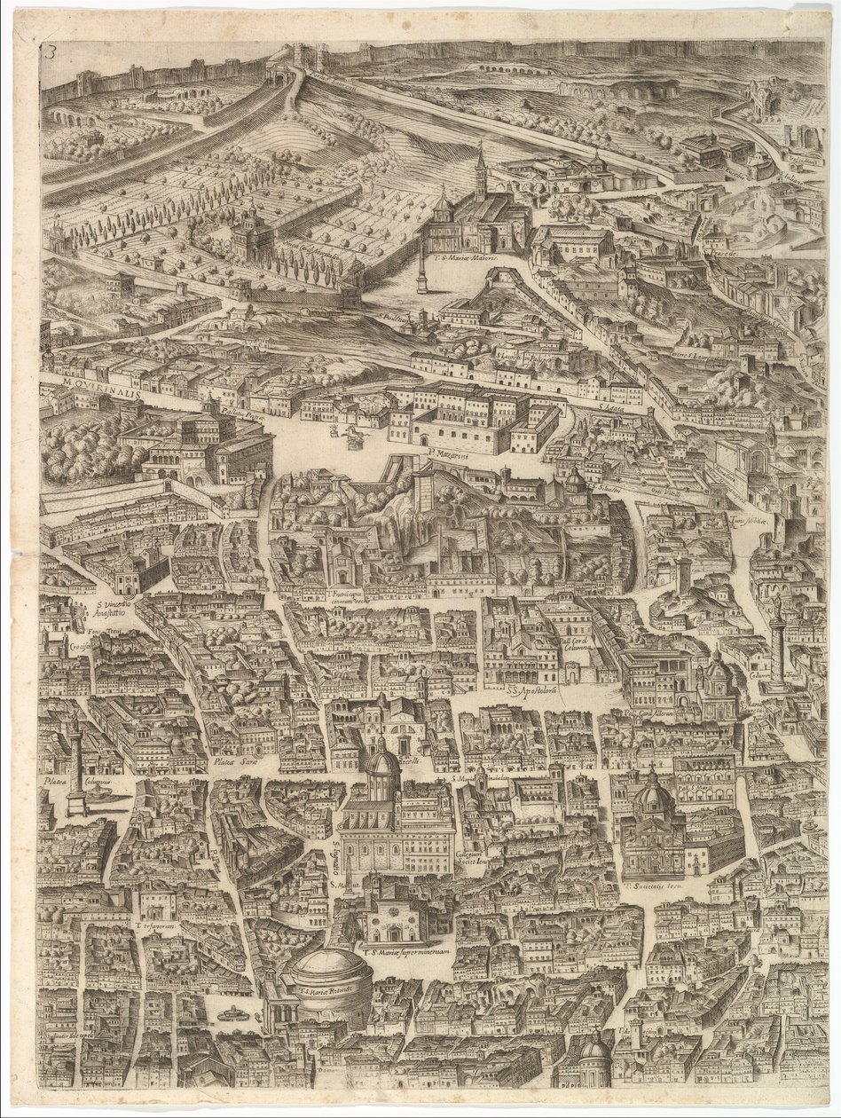 Plan for byen Roma. Del 3 med Santa Maria Maggiore, Pantheon og Trajans ..., 1645. av Antonio Tempesta