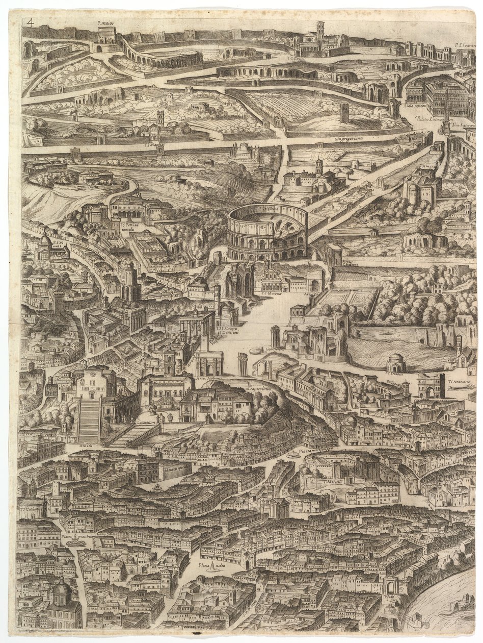 Plan for byen Roma. Del 4 med Santa Maria i Aracoeli, Forum Romanum, ..., 1645. av Antonio Tempesta
