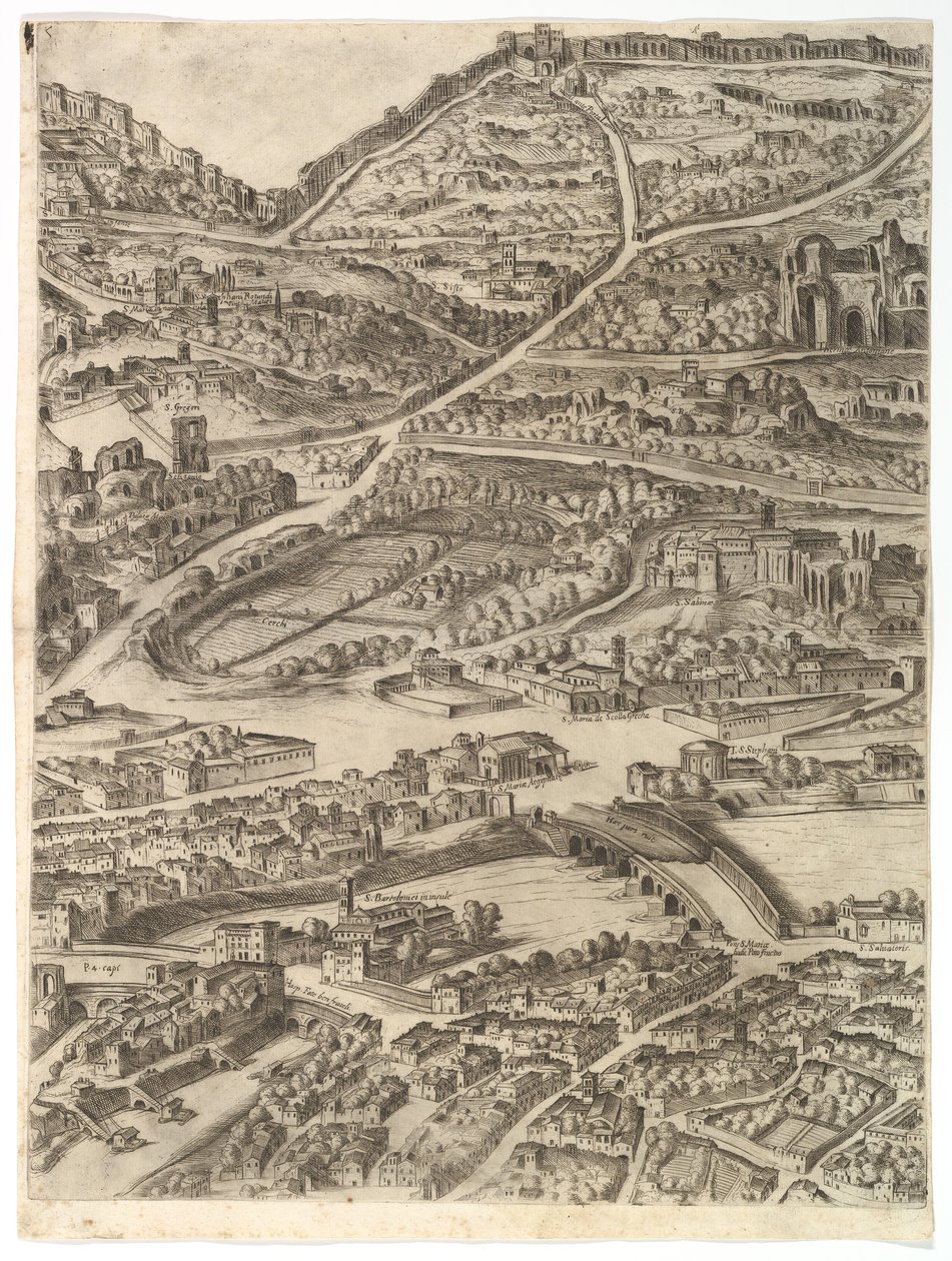 Plan for byen Roma. Del 5 med badene i Caracalla, Santa Sabina og en del av..., 1645. av Antonio Tempesta