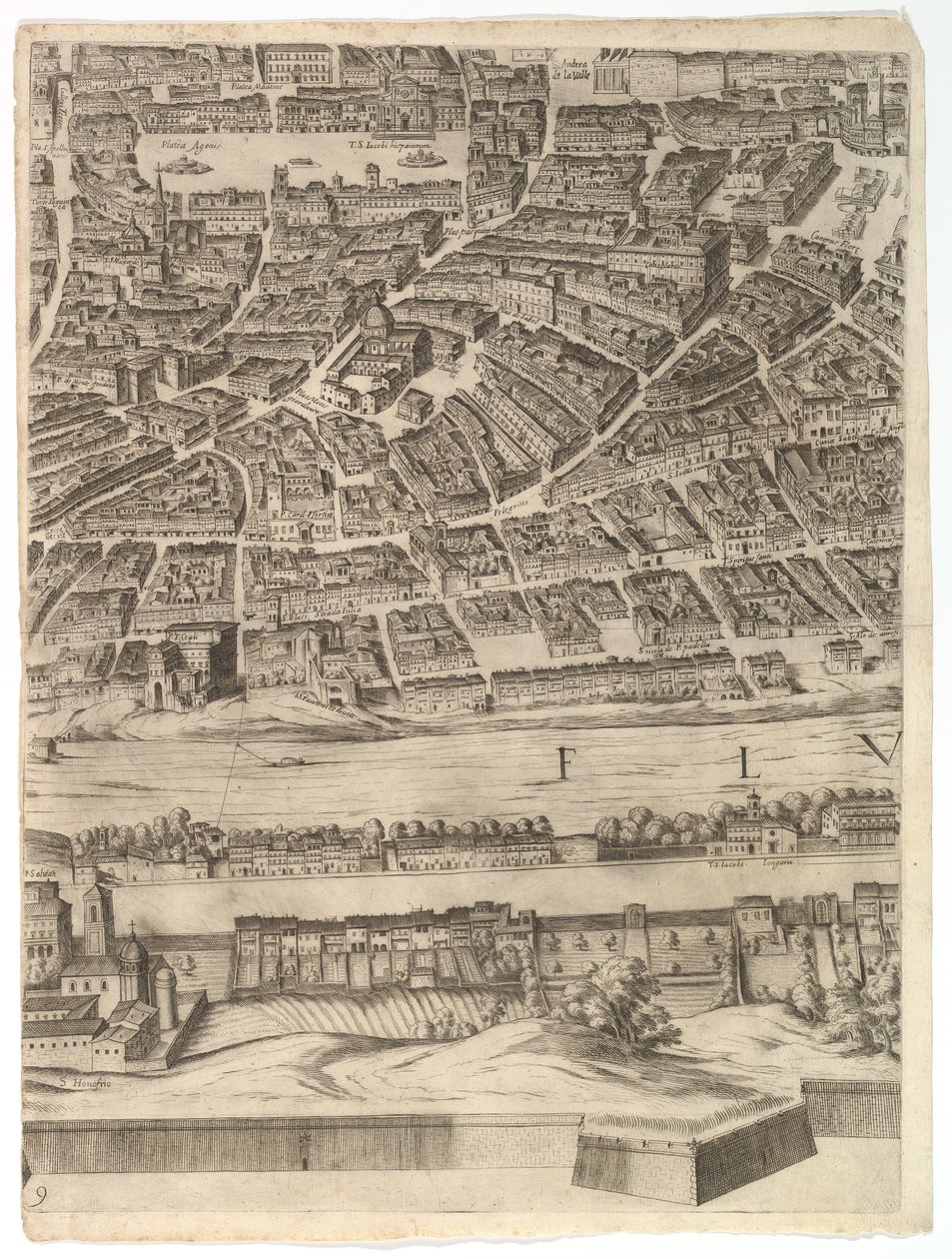 Plan for byen Roma: ark 9 med Piazza Navona, Campo di Fiore og Sant..., 1645. av Antonio Tempesta