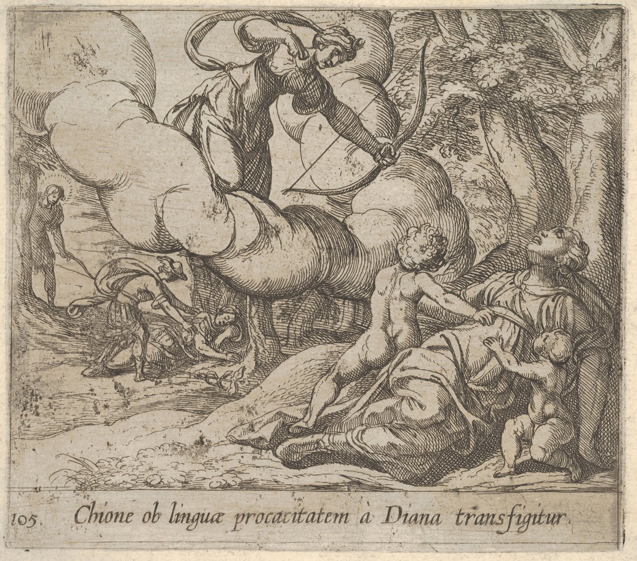 Plate 105: Diana retter buen sin mot Chione, som er ledsaget av to barn, i ant..., 1606. av Antonio Tempesta