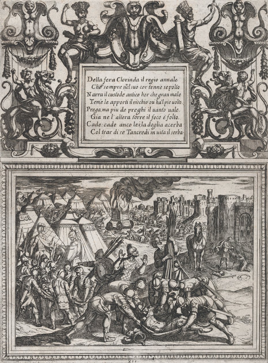 Plate 12: Illustrasjon til Canto XII, fra Torquato Tassos Gerusalemme liberata ..., ca. 1590-1630. av Antonio Tempesta