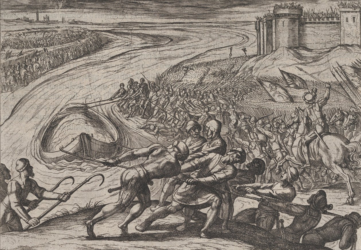 Plate 12: Å trekke et fartøy lastet med korn til land, fra The War of the Romans Against ..., 1611. av Antonio Tempesta
