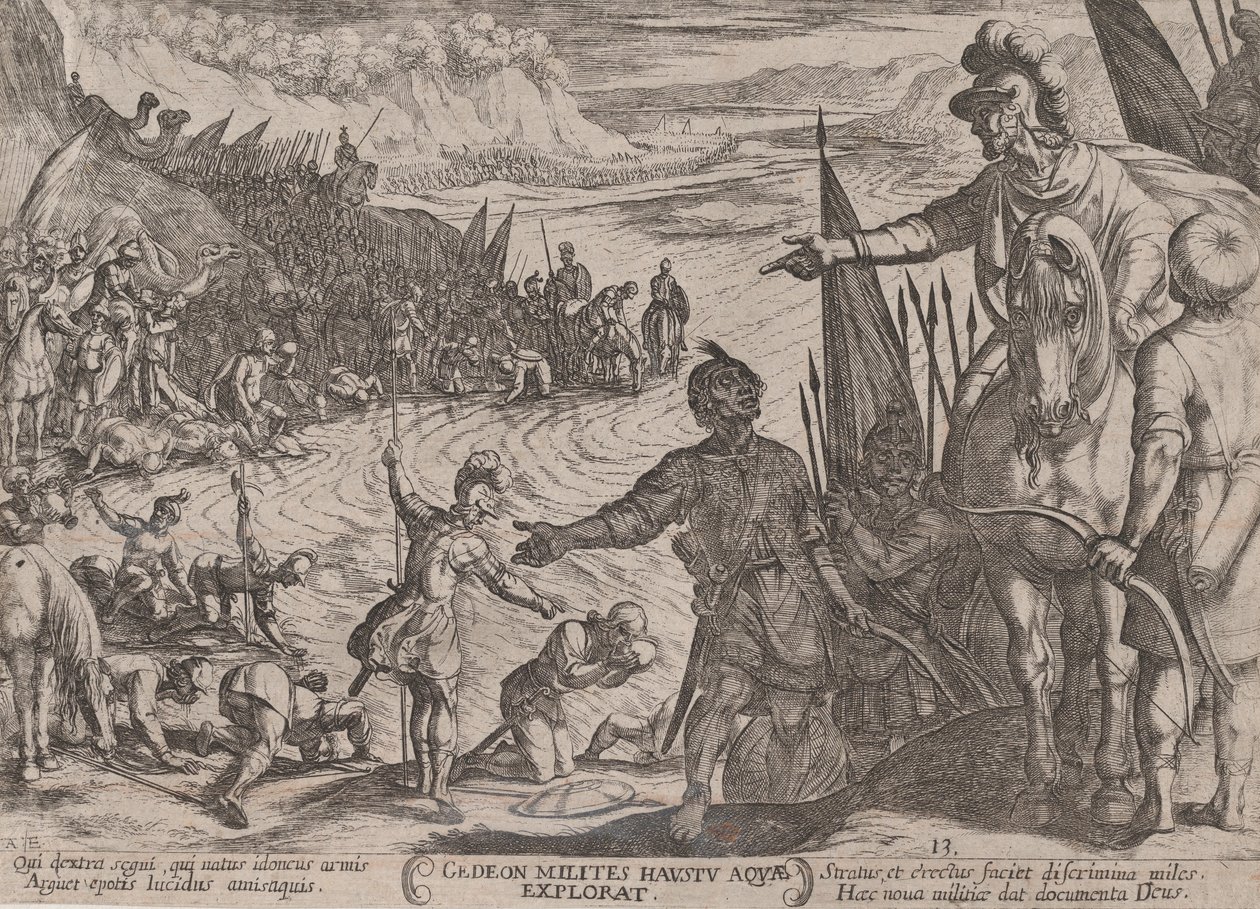 Plate 13: Gideon velger sine soldater, fra 'The Battles of the Old Testamen..., ca. 1590-ca. 1610. av Antonio Tempesta