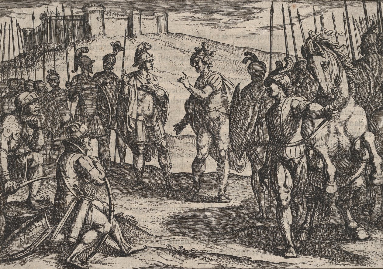 Plate 15: Civilis Treating with a Roman Commander, fra The War of the Romans Against the ..., 1611. av Antonio Tempesta