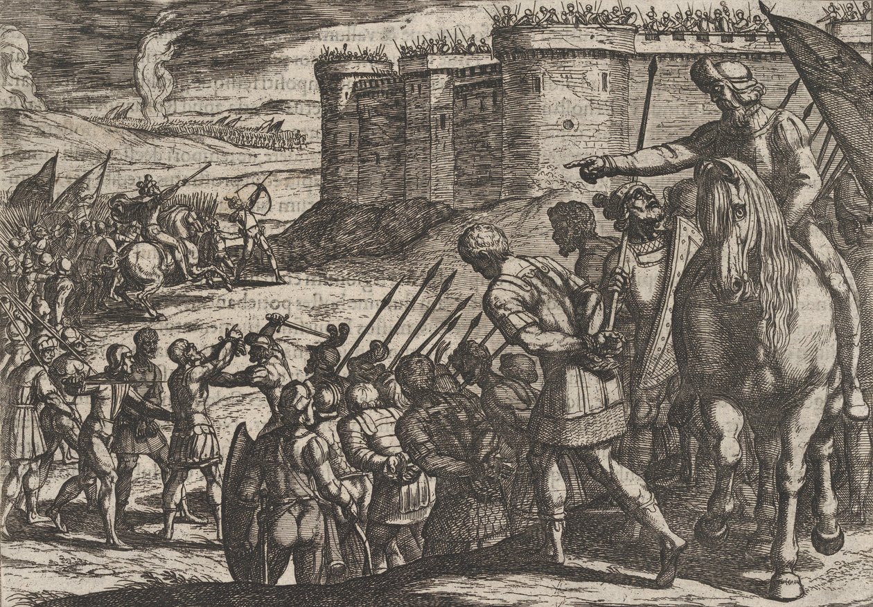 Plate 16: Romerske fanger før den gamle festningen, fra The War of the Romans Against the B..., 1611. av Antonio Tempesta